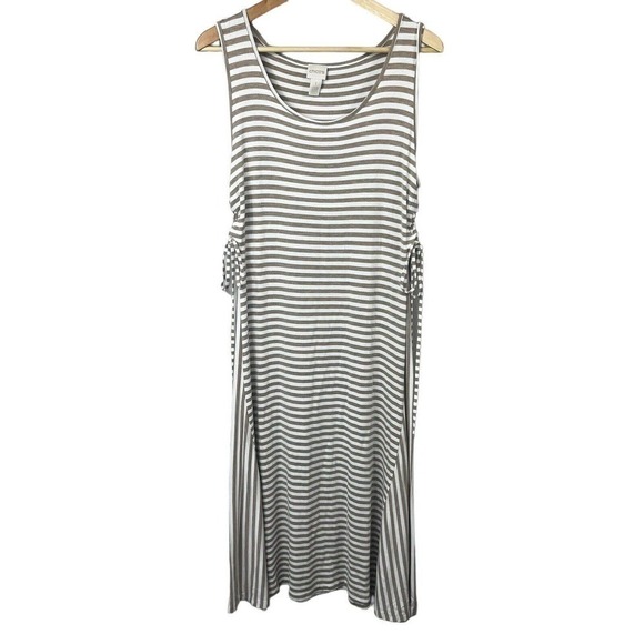 Chico's Tan White Striped Tank Midi Dress Sz 1 M 8 Sleeveless Side ties - Picture 1 of 12